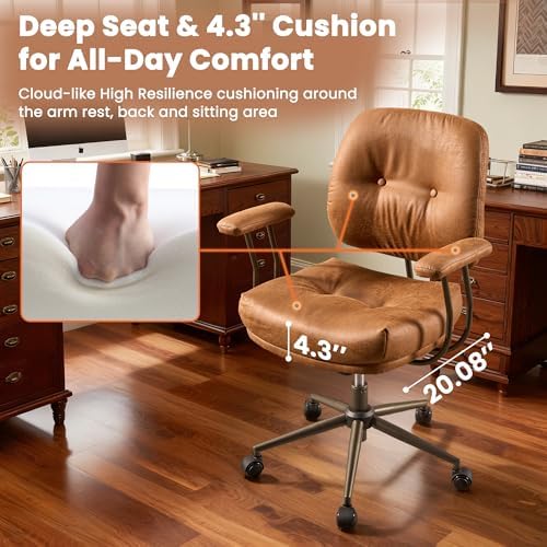 Leather Home Office Chair, Mid Back Ergonomic Desk Chair with Lumbar Support, Mid Century Modern Deep Seat Swivel Rocking Computer Chair, Brown - Image 3