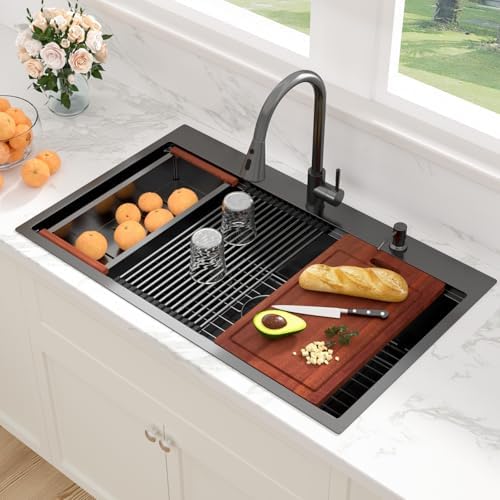 Sarlai 36 Inch Drop In Kitchen Sink - 36x22 Black Drop Kitchen Sink Ledge Workstation 16 Gauge Stainless Steel Gunmetal Black Sinks Topmount Single Bowl Over Counter Sinks Basin Round Corners by Sarlai