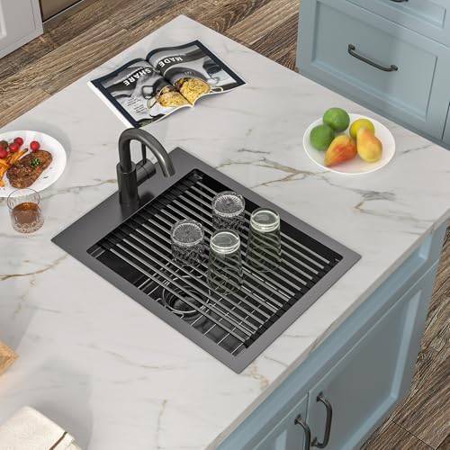 15"x20" Black Bar Prep Sink Drop In Workstation with Faucet Combo - Image 4