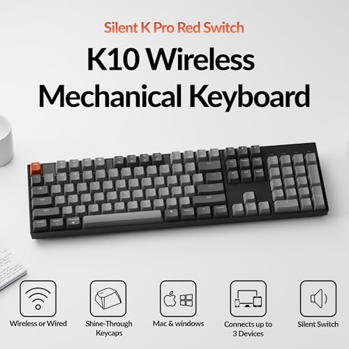 Keychron K10 Full Size 104 Keys Bluetooth Wireless Mechanical Gaming Keyboard for Mac Windows with Keychron Silent K Pro Red Switch, Multitasking/White LED Backlight/USB C Wired Computer Keyboard - Image 2