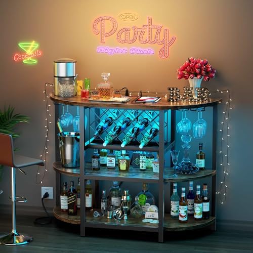 Zarler Bar Cart with Power Outlet Easy to Assemble, LED Home Bar Cabinet for Liquor, 47.3" L x 15.8" D x 36" H Metal Mini Bar Table with 4-Tier Storage, Brown - Image 2