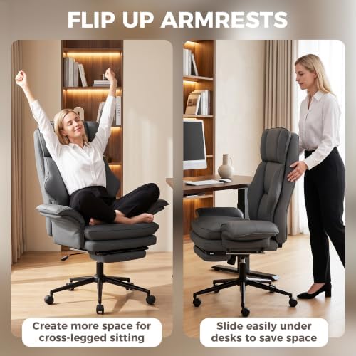 HOMCOM Cross Legged Office Chair Comfy with Foot Rest Flip-up Armrests Gray - Image 5