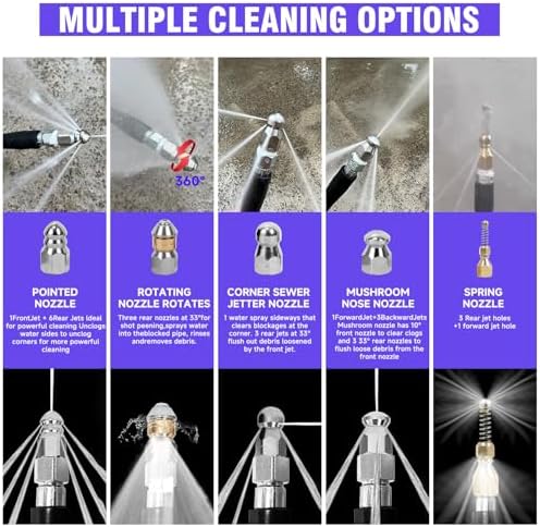 NIFUAL 100FT Sewer Jetter Kit for Pressure Washer, 5800PSI Drain Cleaner Hose 1/4 Inch NPT Corner, Rotating and Button Hose Sewer Jetting Nozzle Waterproof Tape Pearl Corsage Pin Spanner Glove - Image 4