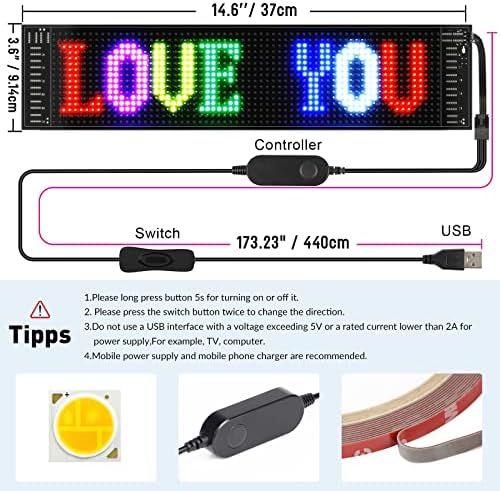 RAYHOME Scrolling Bright Advertising LED Signs, Flexible USB 5V LED Car Sign Bluetooth App Control Custom Text Pattern Animation Programmable Display for Store Car Bar Hotel (15''x4'') - Image 6