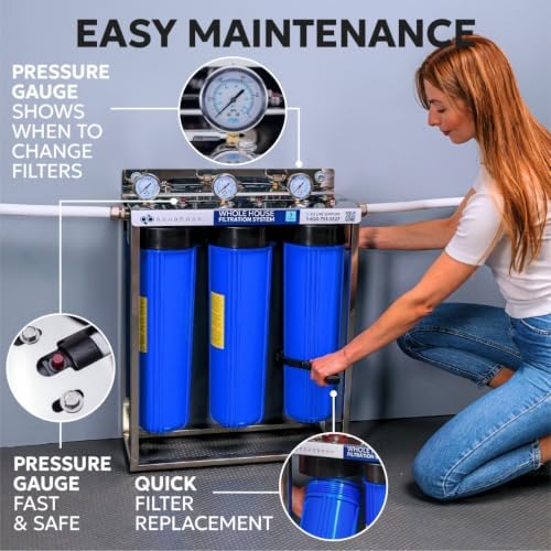 Aquaboon 3-Stage Whole House Water Filter System with 5 Micron 20x4.5 Reducing Sediment and Iron & Manganese Water Purification Filters, Pressure Gauges, Wrench, Iron Bracket - Image 4