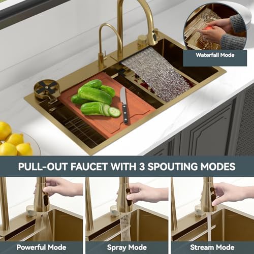 Lordear Waterfall Sink 33 Inch Gold Drop In Kitchen Sink Single Bowl - Image 4