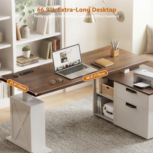 67" L Shaped Standing Desk with Drawers Electric Corner Desk White - Image 3