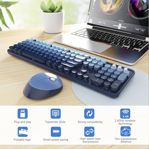 Wireless Keyboard and Mouse Combo, Ergonomic Full Size Typewriter Retro Round Keycaps Keyboard, Compatible with Windows, PC, Perfer for Home and Office Keyboards (Twilight Blue - Image 3