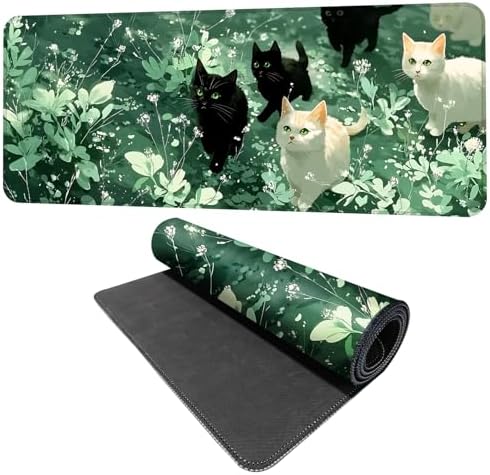 Cute Cat Mouse Pad Large Gaming Desk Mat - Kawaii Black and White Cats in Green Forest, Extended XL Mousepad with Non-Slip Rubber Base for Office, Home, PC, Laptop by THISFIND