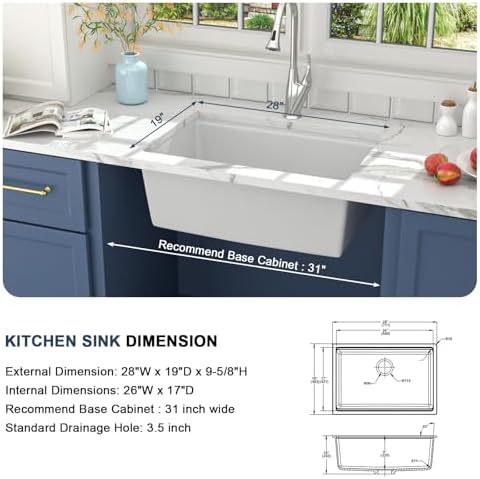 Lordear 28 White Undermount Kitchen Sink Composite Granite Sink 28x19 Inch Quartz Sinks Workstation Under Counter Kitchen Sinks - Image 4