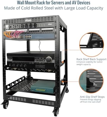 TECMOJO 16U Open Frame Network Rack for IT &AV Gear, AV Rack 4-Post with casters, Mobile 16U Rack with 2 PCS 1U Server Rack Shelf & Mounting Hardware, for 19" Network,Audio and Video Device - Image 3