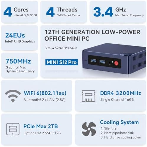 Beelink Mini PC, Mini S12 Pro Intel 12th N100(Up to 3.4GHz), 16GB DDR4 512GB M.2 SSD, Mini Desktop Computer Support 4K@60HZ Dual HDMI Display/WiFi6/BT5.2/USB3.2/2.5Gbps/LAN/WOL Micro PC - Image 2