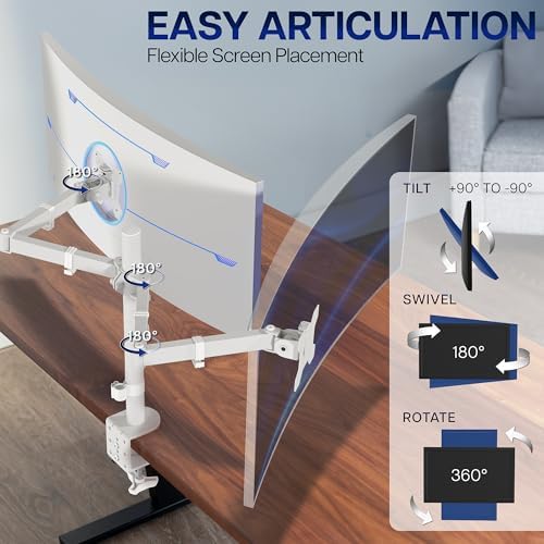 VIVO Dual Ultrawide Monitor Desk Mount, Heavy Duty Fully Adjustable Steel Stand, Holds 2 Computer Screens up to 38 inches and Max 22lbs Each, White, STAND-V038W - Image 3