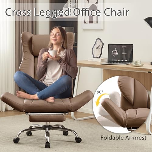 JOMEED Cross Legged Office Chair with Footrest,Flip Armrest,Brown - Image 3