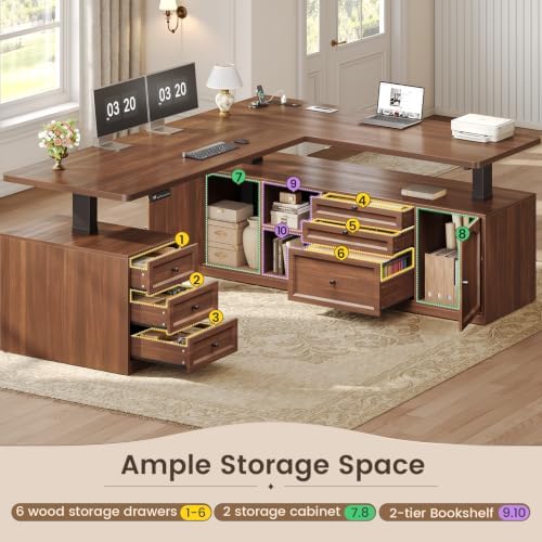 SEDETA Farmhouse L Shaped Executive Electric Standing Desk with 6 Drawers - Image 4