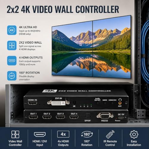 2x2 4k Video Wall Controller, Transform 4 TV Screens into a Single Wall Display with HDMI & DVI 4K Input, 180° Rotation, Audio Output, IR Remote/RS232/Button Press Control - Image 4