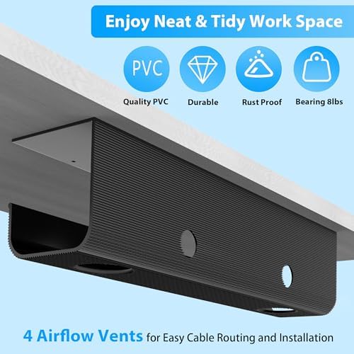 ZhiYo 2 Pack Large Capacity Cable Management Tray 31.5in (2xL15.7in), Thick PVC Under Desk Cable Tray Kit with 4 Cable Clips & 5 Ties, Standing Cord Management Desk Organizer for Office or Home, Black - Image 4