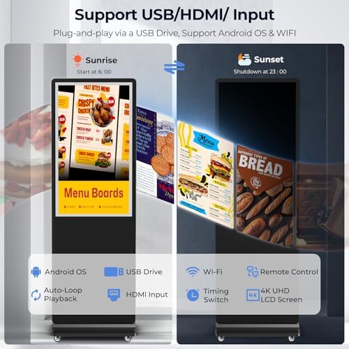 32/43/55/65 Inch 4K Digital Signage Display, LCD Screen Advertising Display Kiosk Interactive Totem Floor Standing Auto AD Player with USB/HDMI/WiFi Android OS (55'' Non-Touch) - Image 3