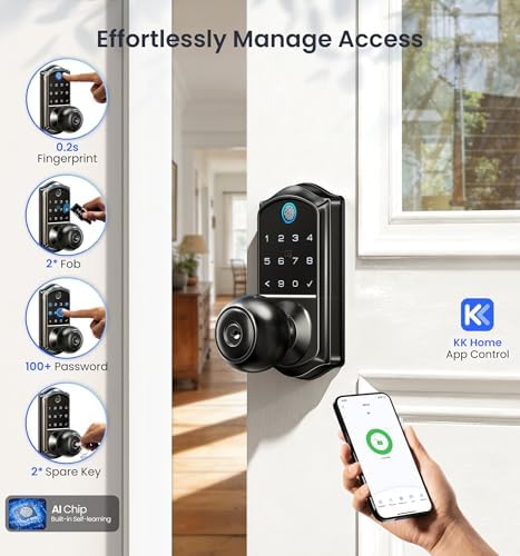 Veise VE018 Fingerprint Keypad Smart Door Knob Handle Lock, Matte Black - Image 2