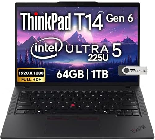Lenovo ThinkPad T14 Gen 6 Business Laptop 14" FHD+ IPS, Intel Ultra 5 225U, 64GB DDR5 RAM, 1TB SSD, 5MP HD Webcam, Fingerprint, Backlit, Wi-Fi 6E, 2 Thunderbolt 4, AI PC by LENOVO