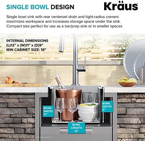 Kraus KWT321-15-316 Kore Outdoor Workstation Drop-In 16 Gauge Marine Grade T-316 Stainless Steel Square Single Bowl Kitchen Bar Sink with Accessories, 15 x 15 Inch - Image 6