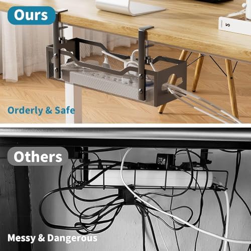 Under Desk Cable Management Tray Black, Litwaro Cable Management Under Desk No Drill, Cable Organizer with Clamp for Wire Management, Cord Organizer No Damage to Desk for Office, Home - Image 4