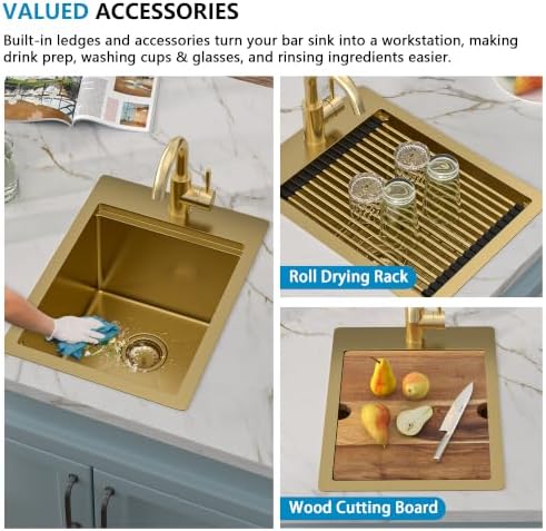 14"x19" Gold Bar Prep Sink Drop In Workstation with Faucet Combo - Image 6