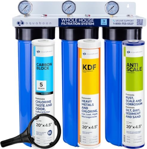 Aquaboon 3-Stage Whole House Water Filter System with 5 Micron 20x4.5 Anti-Scale Reducing Sediment, KDF Heavy Metals and Carbon Chlorine Reduction Water Filter Purification, Wrench, Bracket by Aquaboon