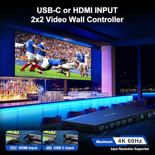 PORTTA 2x2 HDMI or USB-C Video Wall Controller 4K 60Hz, Video Wall Processor with 11 Splicing Modes, RS232, 180° Rotate, Audio Extractor, 2x2,1x2,1x3,1x4,2x1,3x1x4x1, 4 tv Screens into 1 Wall Display - Image 2