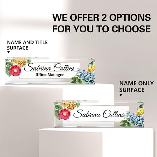 Name Plate for Desk, Desk Name Plate Personalized, Blue Office Decor for Women Men, Acrylic Desktop Accessories, Office Gifts for Boss Nurse Teacher Coworker, Employee Appreciation Gift (Flowers B) - Image 2