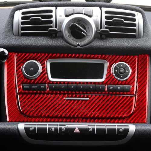 Car Central Console CD Player Multimedia Control Panel Sticker Set Real 3K Red Carbon Fiber Decoration Interior Accessories Trim Compatible with Benz Smart Fortwo 2011 2012 2013 2014 2015 - Image 3