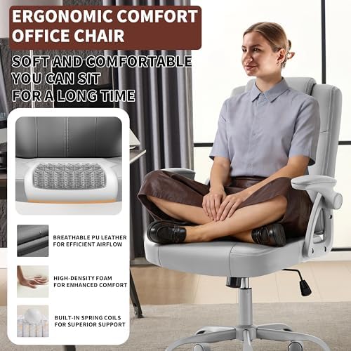Office Desk Chair, PU Leather Computer Chairs with Padded Flip-Up Arms - Image 4