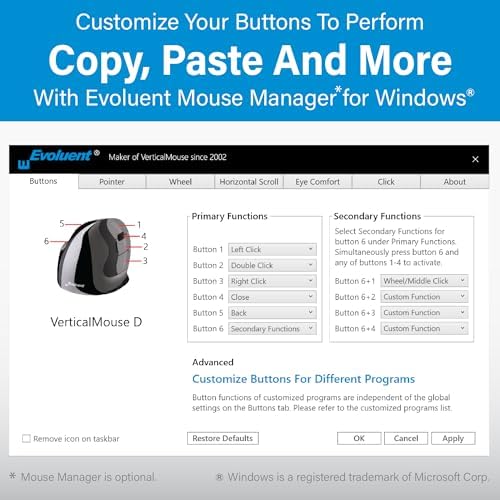 Evoluent – Inventor of The Vertical Mouse – VM4S Ergonomic Vertical Mouse Right Hand Small Wired USB, Sculpted for Comfort, Reduces Wrist Strain, 4 Speeds, 6 Customizable Buttons in Windows - Image 6