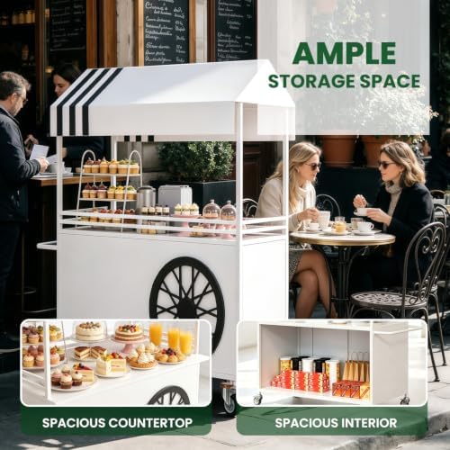 Mobile Food Cart with LED Lights & Canopy, Portable Vendor Display Stand with Lockable Wheels, Commercial Food Kiosk for Markets, Street Vending, Flea Markets, Weddings, Hotels & Snack Events - Image 4
