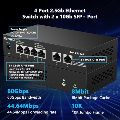 10Gb RJ-45 Ethernet Network Switch Web Managed, 2 x 10Gb RJ45 Ports, 4 x 2.5Gb Base-T Ports | Multi Gigabit Switch 1G / 2.5G | 60G Bandwidth | Fanless Metal Internet Switch for Wireless AP, NAS, PC - Image 7