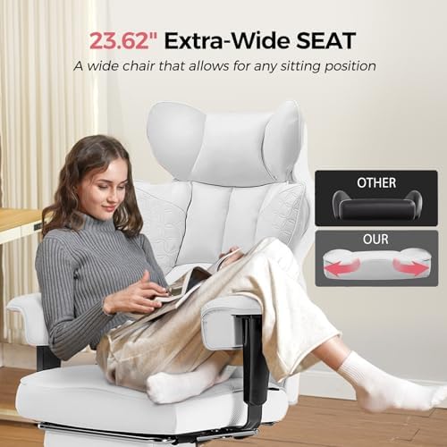 GTPLAYER Big and Tall Gaming Chair 400lbs Heavy Duty Office Chair with Foot Rest & Ergonomic Pocket Spring Lumbar Support, High Back 3D Saddle Shaped Cushion for Back Pain Relief, White - Image 6