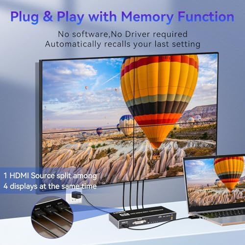 4K HDMl Video Wall Controller 2x2 Transform 4 TV Screens into a Single Wall Display Support HDMI & DVI Input RS232 Serial Control 8 Splicing Modes 180° Rotate Audio Extractor - Image 2