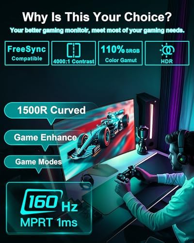 SANSUI 27 Inch Curved 160Hz Gaming Monitor 144Hz FHD 1080P Computer Monitor - Image 2