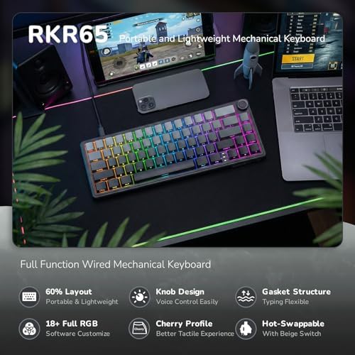 RK ROYAL KLUDGE R65 Wired Gaming Keyboard with Volume Knob, 60% Percent RGB Backlit Mechanical Keyboard, Side Printed PBT Keycaps, QMK/VIA, 66 Keys Hot Swappable Beige Switch, Gradient Black - Image 2