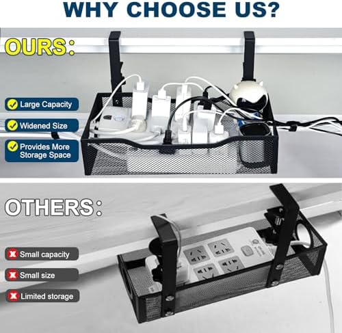 Large Under Desk Cable Management Tray - Heavy Duty Metal Cord Organizer with No Drill Installation for Office & Home Office Desks to Hide Wires & Power Strips (Black, XL) (Pack of 2) - Image 2