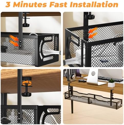 Under Desk Cable Management Tray, No Drill Steel Desk Cable Organizers, Wire Management Tray Cable Management Rack (24.4" Length-Black) - Image 7