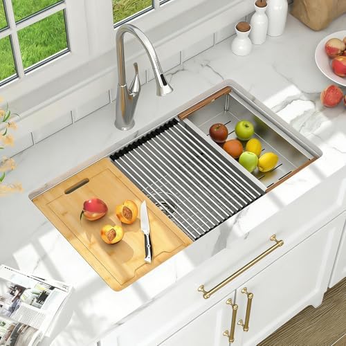 Lordear 33 Inch White Kitchen Sink Undermount Composite Granite Quartz Single Bowl Workstation 33x19x10 Inch Under Counter Kitchen Sinks - Image 2