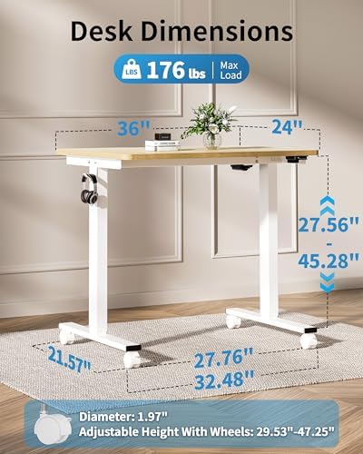 Okin Small Electric Standing Desk, 36" x 24" Whole Piece Height Adjustable Desk, Oak Sit to Stand Computer Workstation with Wheels for Home Office - Image 2