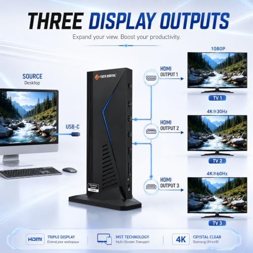J-Tech Digital 14 in 1 Docking Station up to 4K 60Hz, 3X HDMI, 6X USB, Ethernet, SD/TF, 100W PD, Audio/Mic - Compatible with macOS/Windows, Supports SST/MST (Driver Required) - Image 6