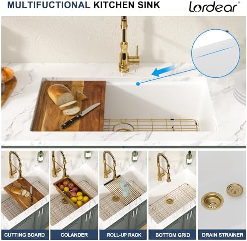 Lordear 32 Inch White Kitchen Sink Granite Composite Undermount Kitchen Sink Workstation 32x19 White Quartz Sinks Under Counter Single Bowl with Classic Gold Accessories - Image 5