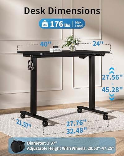 Okin Electric Standing Desk, 40 x 24 Inches Whole Piece Height Adjustable Desk, Black Sit to Stand Desks Computer Workstation with Wheels for Home Office - Image 2