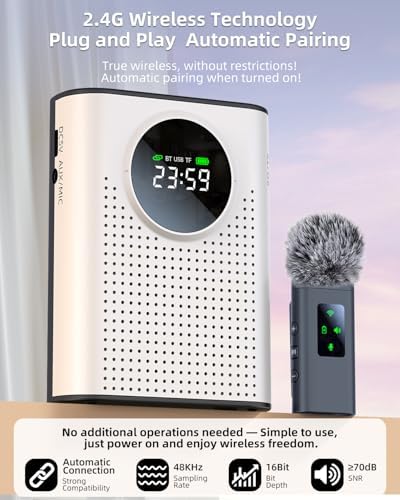 S67 Voice Amplifier Wireless Microphone Dual for Teachers Classroom Rechargeable, Mini Lavalier Lapel Mic, Portable Speaker PA System with LED Display for Class, Tour Guide, Coaches, White - Image 3