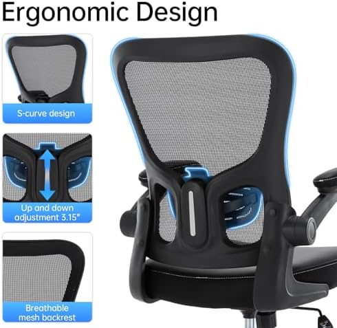 Ergonomic Office Chair, Adjustable PU Leather Computer Desk Chair with Lumbar Support, Flip-Up Arms, Breathable Mesh Back, 360° Swivel Rolling Executive Chair for Home Office, Black - Image 5