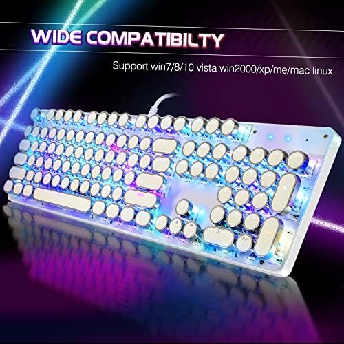 YSCP Typewriter Style Mechanical Gaming Keyboard RGB Backlit Wired with Blue Switch Retro Round Keycap 104 Keys Keyboard (R-White) - Image 6
