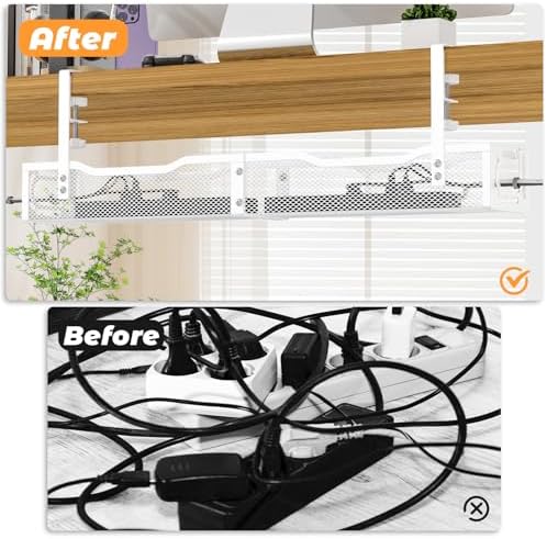 Under Desk Cable Management Tray, No Drill Steel Desk Cable Organizers, Wire Management Tray Cable Management Rack (24.4" Length-White) - Image 4